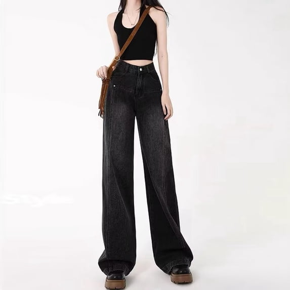 Women Black And Gray Wide Leg Straight Leg High Waist Design Jeans Boot Cut Pants for Women Jean Pants Women Denim Boot Cut Womens Stretch Straight Leg Pants M1 Denim Womens Pants Relaxed Fit Women