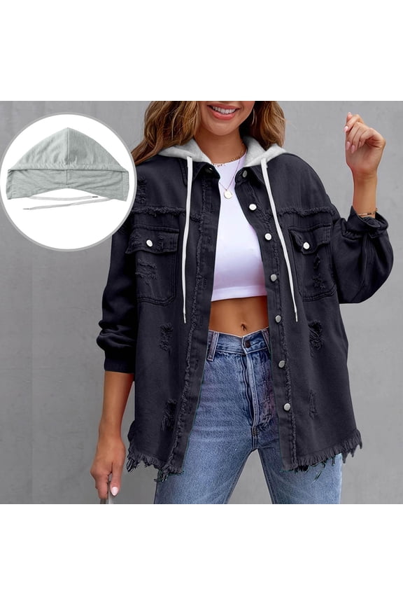 Women Black Hooded Denim Jacket, Distressed Ripped Relaxed Fit Streetwear Outerwear,Size M