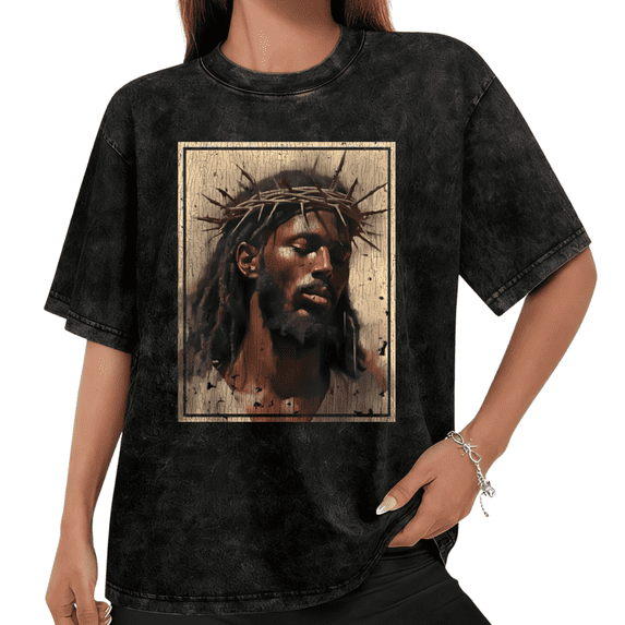 Women Black Jesus Crown Of Thorns Graphic Tees T Shirt Tops Round neck Printed Cotton Washed T Shirt Black S-2XL Plus Size