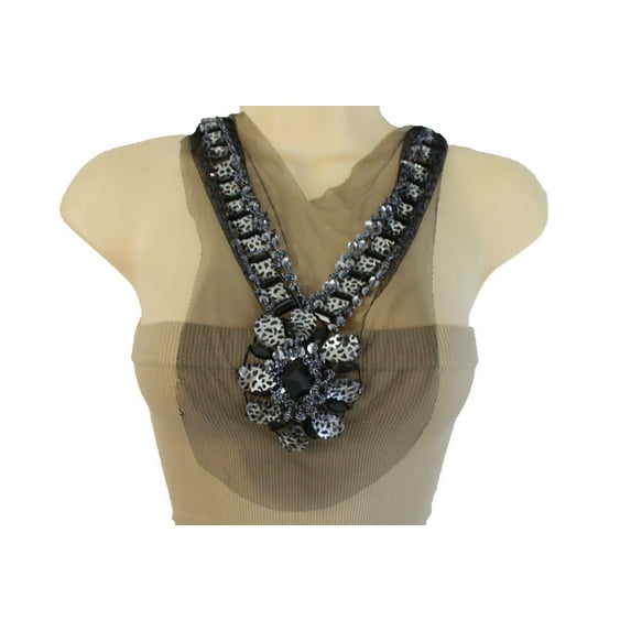 Women Black Lace Long Satin Tie Strands Necklace Leopard Beaads Silver Sequins