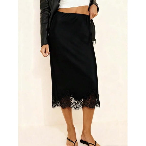 Women Black Lace Trim Satin Skirt Elegant Silky A Line Flowy Midi Long