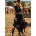 thumbnail image 1 of Women Black Lace V-Neck Short Sleeve Midi Dress With Asymmetrical Hem For, 1 of 6