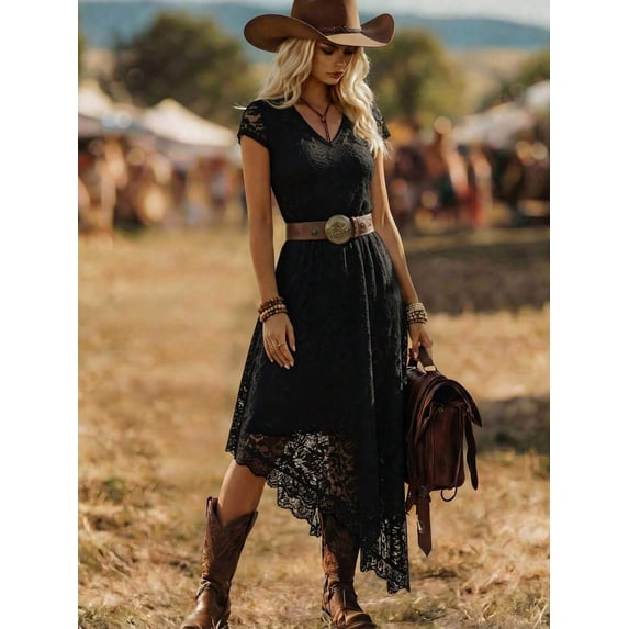 Women Black Lace V-Neck Short Sleeve Midi Dress With Asymmetrical Hem For