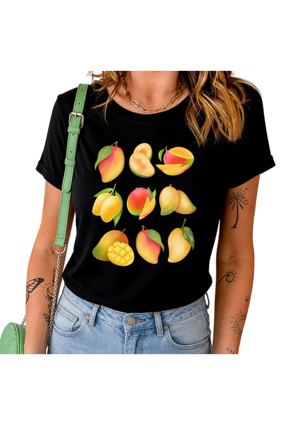 Women Black Mango Variety Grid Print Tshirt Graphic Tees Shirts Summer Tropical Fruit Lover Casual Vacation Beach Weekend Tops S-5XL