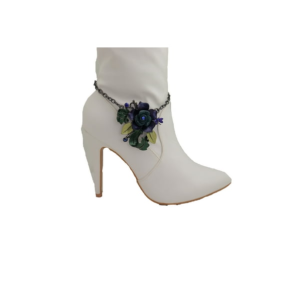 Women Black Metal Chains Boot Bracelet Shoe Blue Flower Charm