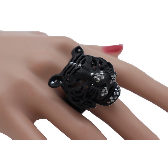 Women Black Metal Fashion Ring Elastic Band Jewelry Tiger Head