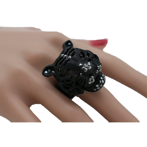 Women Black Metal Fashion Ring Elastic Band Jewelry Tiger Head