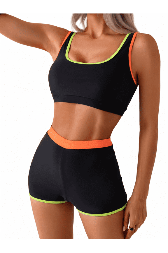Women Black Neon Color Block U Neck Wide Strap Sport Two Piece Swimsuit, High Waist Boyshort Quick Dry Bathing Suit for Swimming Workout
