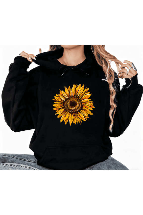 Women Black Oversized Hoodie Vibrant Glitter Sunflower Graphic Hooded Sweatshirt Soft Casual Pullover with Artistic Floral Print Daily Styling Tops S-2XL
