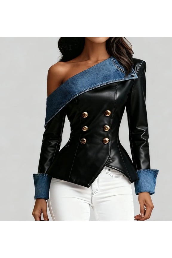 Women Black PU Denim Patchwork Blouse One Shoulder Long Sleeve Faux Leather Top