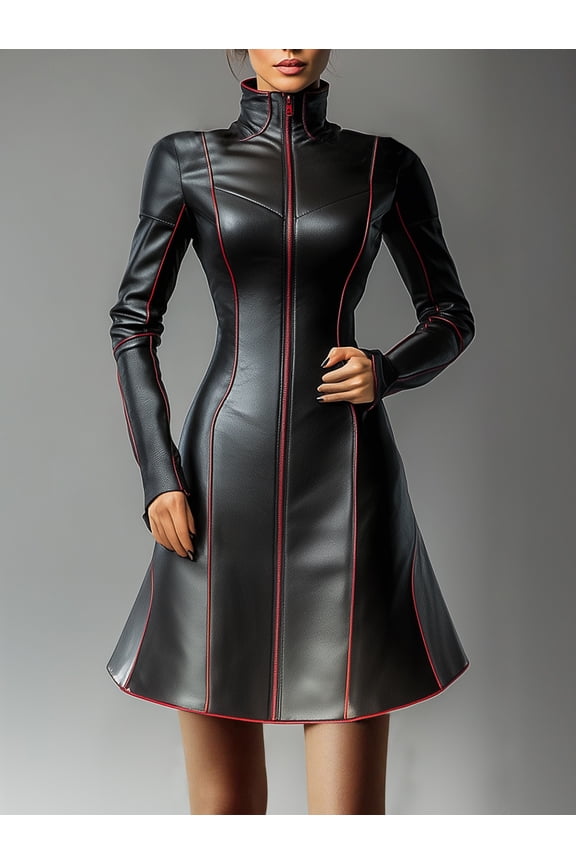 Women Black PU Leather Bodycon Mini Dress Stand Collar Front Zipper Red Contrast Stitching Club Dress