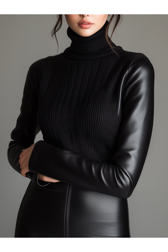 Women Black PU Leather Patchwork High Neck Sweater with Ribbed Knit Bodice and Faux Leather Sleeves