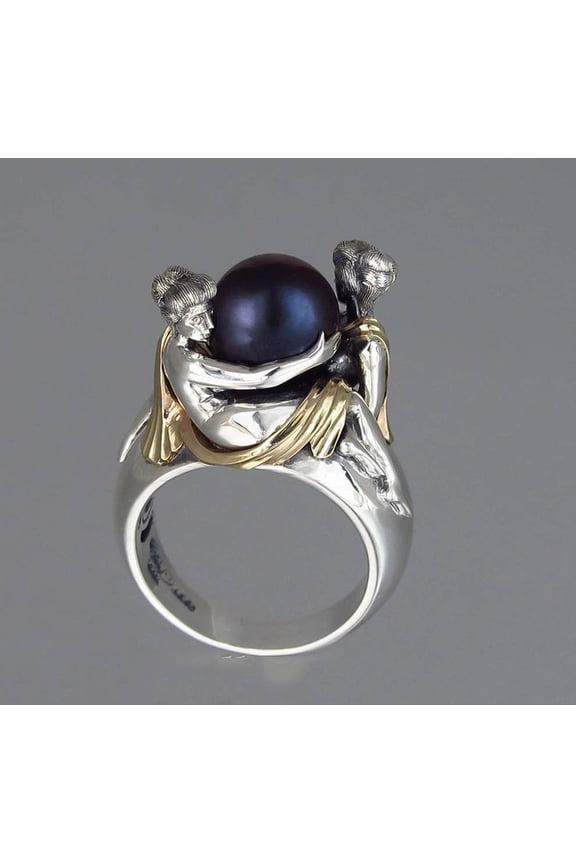 Women Black Pearl Two Tone Ring Electroplated Copper Sterling Silver Inlaid Fashion Jewelry Gift For Her Elegant