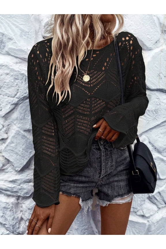 Women Black Pointelle Knit Drop Shoulder Sweater Long Sleeve Fall Top
