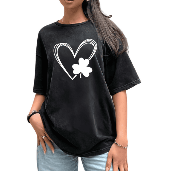 Women Black Print T-shirt Graphic Tees White Double Heart Shamrock Shirts St Patricks Day Festive Comfortable Oversized Casual Tops S-2XL