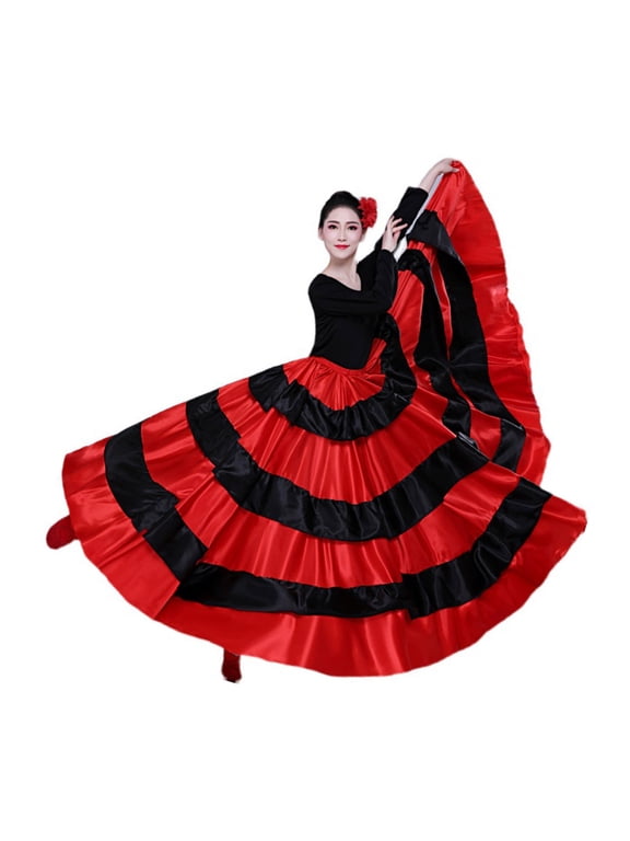 Women Black Red Layers Long Skirt for Spanish Flamenco Mexico Ballet Folklorico Performances Belly Dance Skirt