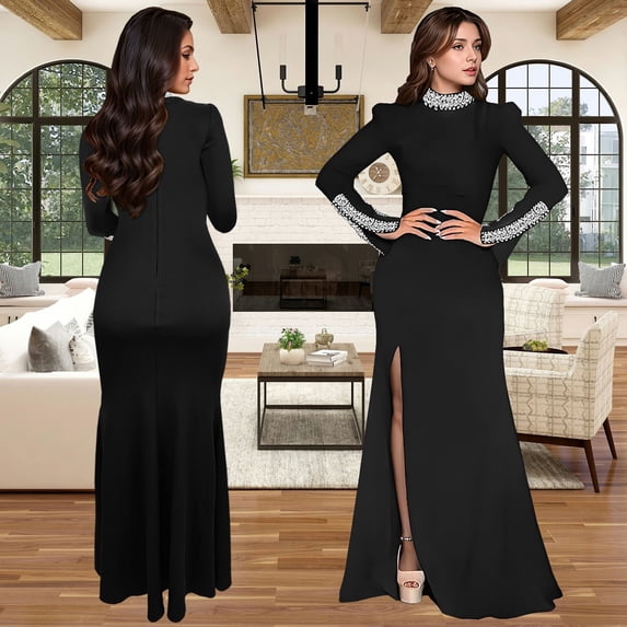 Women Black Rhinestone Mermaid Evening Gown High Neck Long Sleeve Side Split Formal Maxi Dress