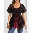 thumbnail image 1 of Women Black Rose Print Chiffon Overlay Top with Lace Up Waist Double Flared Sleeves and Inner Tank, 1 of 3