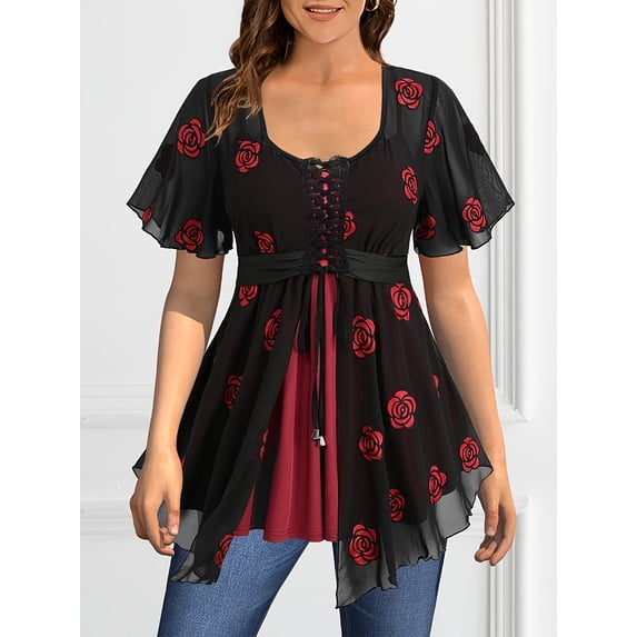 Women Black Rose Print Chiffon Overlay Top with Lace Up Waist Double Flared Sleeves and Inner Tank