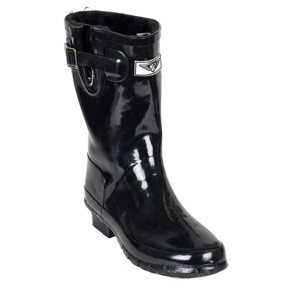 Women Black Rubber Rain Boots, Mid-Rise w/ Faux Fur Lining