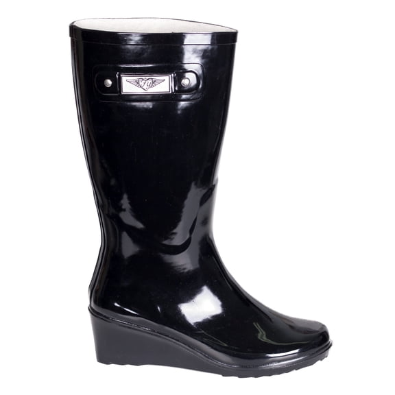 Women Black Rubber Rain Boots, Wedge Heel Design w/ Cotton Lining