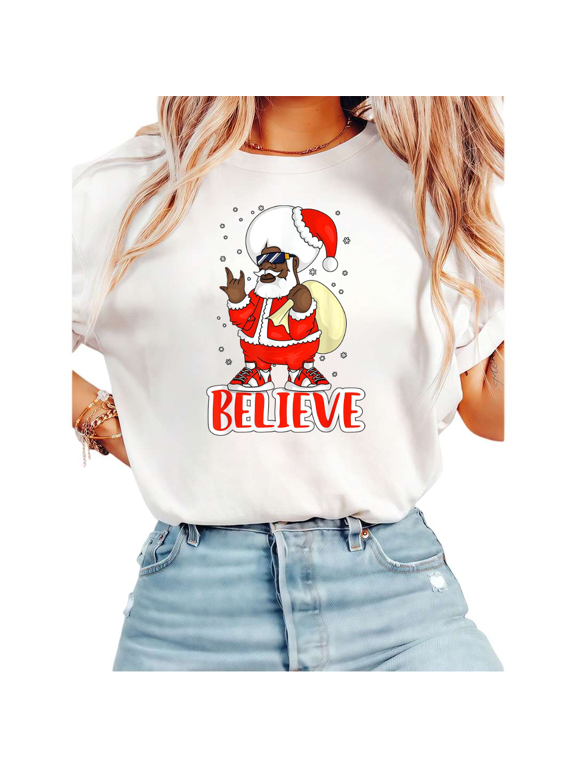Women Black Santa Believe Christmas Graphic Tees Cotton Crew Neck Printed T-Shirt Tops White S-5XL