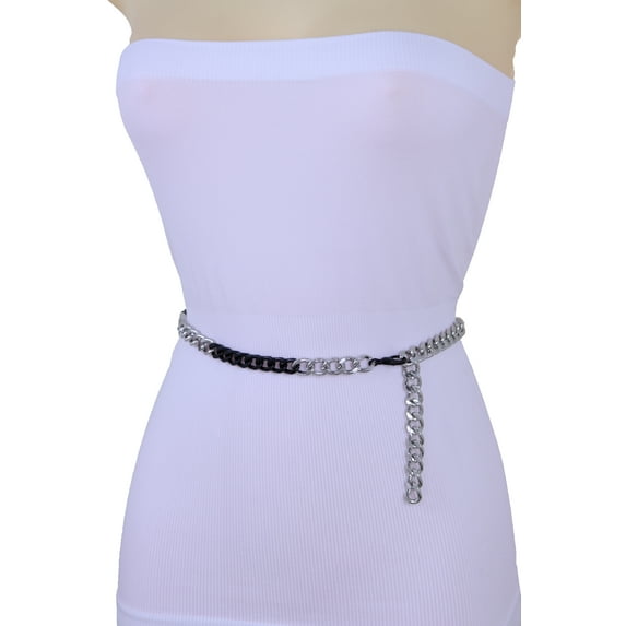 Women Black Silver Metal Chain Links Fashion Waisted Skinny Belt M L XL