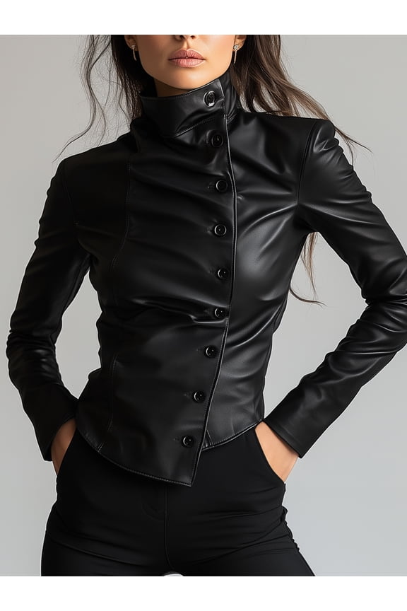 Women Black Stand Collar Oblique Button PU Leather Jacket with Long Sleeves Form Fitting Blouse