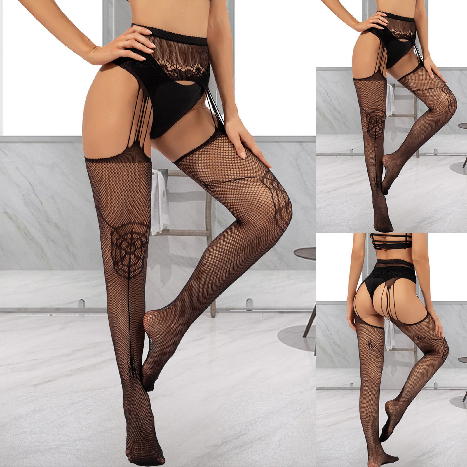 Women Black Stockings With Belt Set High Tights Lingerie Pantyhose Floral  Print Long Mesh Lace Stocking D