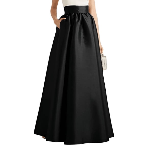 Women Black Taffeta Pleated Skirt with Pocket – Perfect for Formal Events, Weddings, or Evening Galas