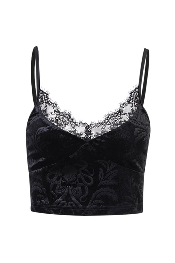 Women Black Velvet Camisole Gothic Punk Spaghetti Straps V-Neck Lace Crop Top