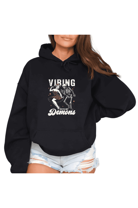 Women Black Vibing With My Demons Graphic Tees T Shirt Retro Gothic Dance Design Vintage Tops Hooded long-sleeved Black S-2XL