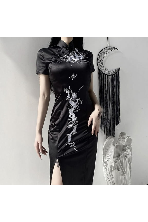 Women Black Vintage Dress Cheongsam Hand Button Long Dresses Dragon Embroidery Slim Female Summer Autumn Dress High Quality