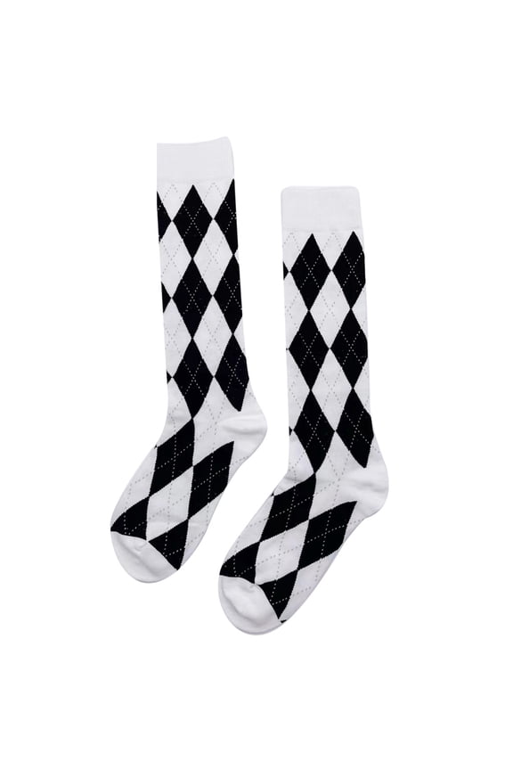 Women Black White Knee High Socks Argyle Diamond Plaid Lolita Student Stockings