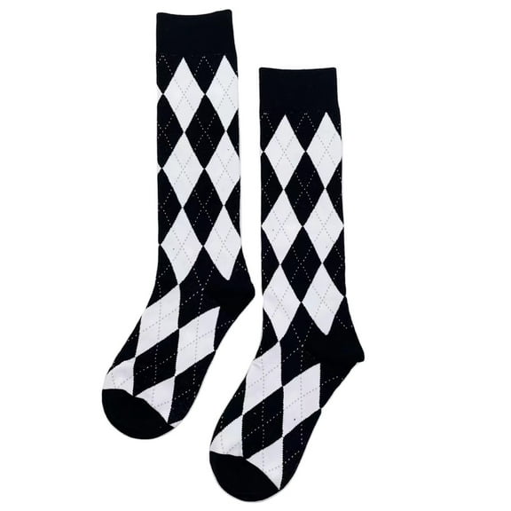 Women Black White Knee High Socks Argyle Diamond Plaid Lolita Student Stockings