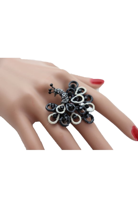 Women Black White Peacock Bird Ring Metal Feather Stretch Band One Size Fits All