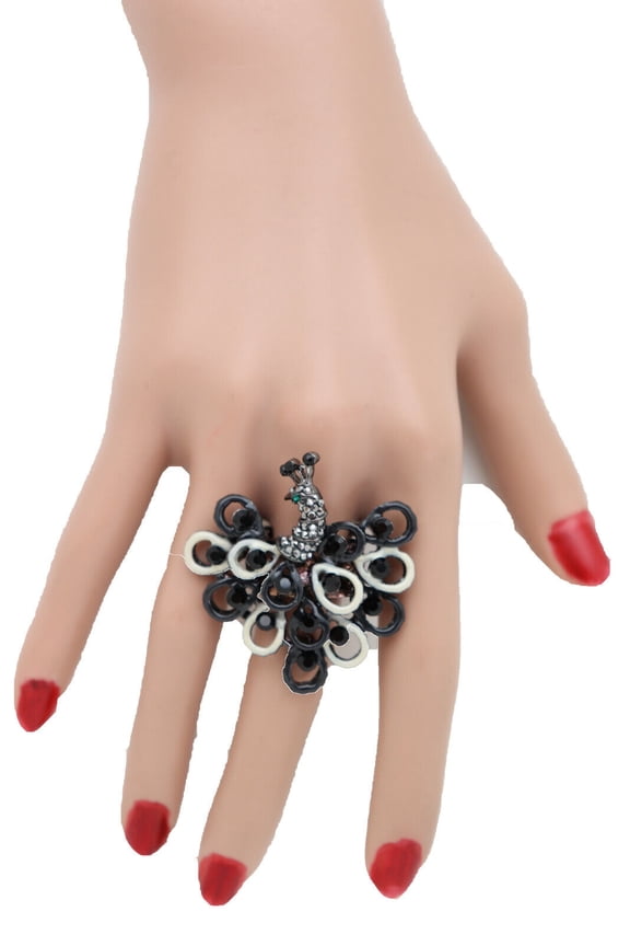 Women Black White Peacock Ring Metal Feather Elastic Band Animal Bird Nature