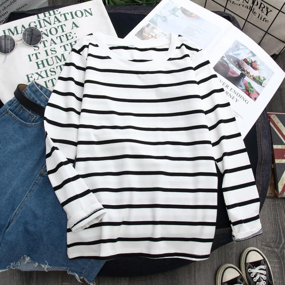 Women Black White Striped T-Shirt Long Sleeve Round Neck Loose Casual Tops Shirt Women Black White Striped T-Shirt Long Sleeve Round Neck Loose Casual Tops Shirt