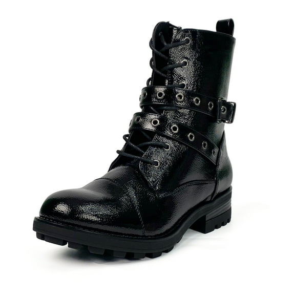 Women Black Work Boots Lace up Mid-Calf Combat Booties Motorcycle Punk Buckle Shoes Side Zipper 7.5