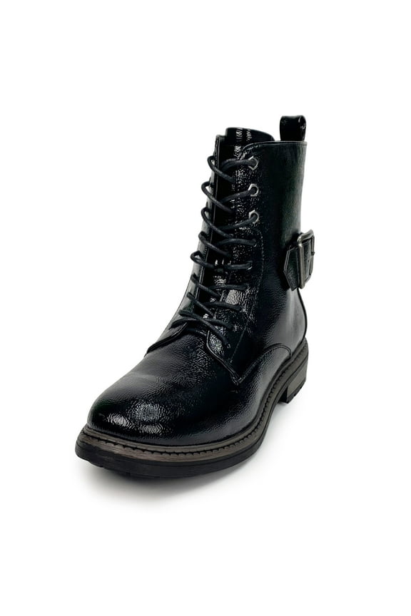 Women Black Work Boots Lace up Mid-Calf Combat Booties Motorcycle Punk Buckle Shoes Side Zipper 7
