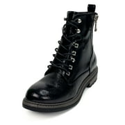 Women Black Work Boots Lace up Mid-Calf Combat Booties Motorcycle Punk Buckle Shoes Side Zipper 7