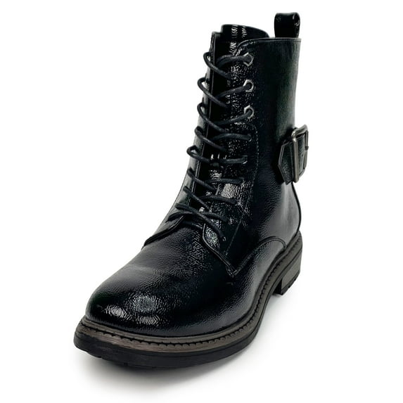 Women Black Work Boots Lace up Mid-Calf Combat Booties Motorcycle Punk Buckle Shoes Side Zipper 8
