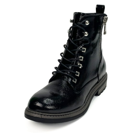 Women Black Work Boots Lace up Mid-Calf Combat Booties Motorcycle Punk Buckle Shoes Side Zipper 9