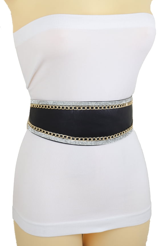 Women Black Wrap Around Wide Tie Kimono Belt Size XS S M