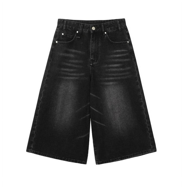 Women Black Y2k Style Baggy Denim Shorts Wide Leg Short Pants Fashion High  Waisted Dark Wash Knee Length Jeans Female Casual
