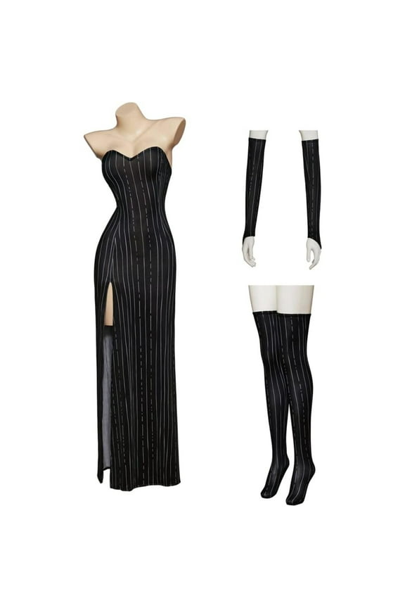 Women Black and White Striped Dress Adult Sexy Slim Slit Dress Strapless Evening Gown