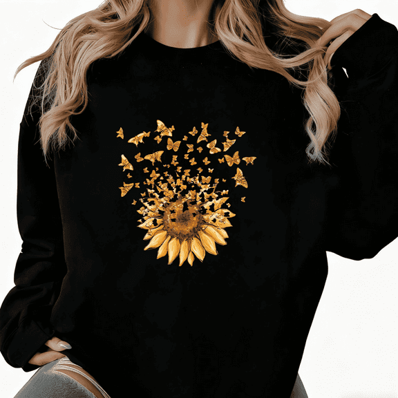 Women Black1 Crewneck Sweatshirt Golden Sunflower & Butterfly Graphic Soft Casual Trendy Daily Tops S-3XL