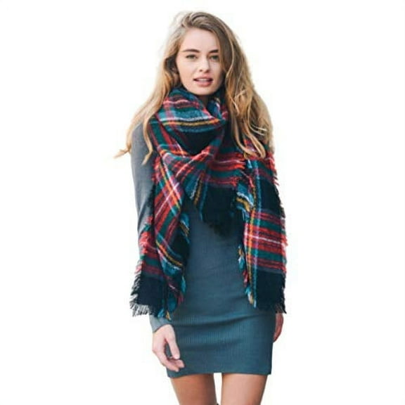 Women Blanket Scarf Frayed Edge Fashion Winter Fall Lightweight Flannel Shawl Scarves acrylic plaid blanket Cozy warm Scarfs Good Gift Infinity chunky scarf (Black Green Red)
