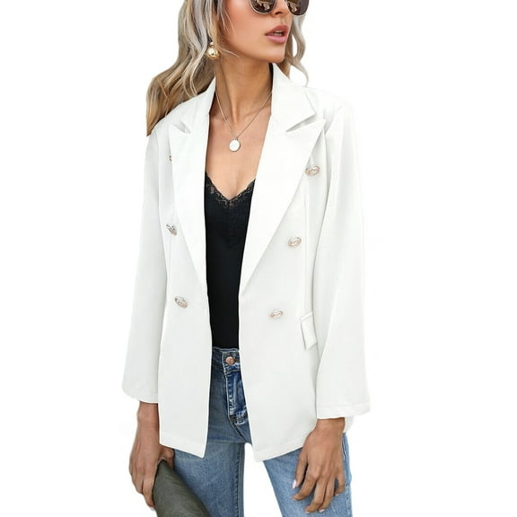 Women Blazer Jacket Business Casual Open Front Business Casual Lapel Elegant Coat with Pockets White M
