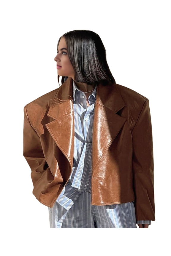 Women Blazer Jackets Long Sleeve Lapel PU Leather Jacket Winter Coat Casual Brown M